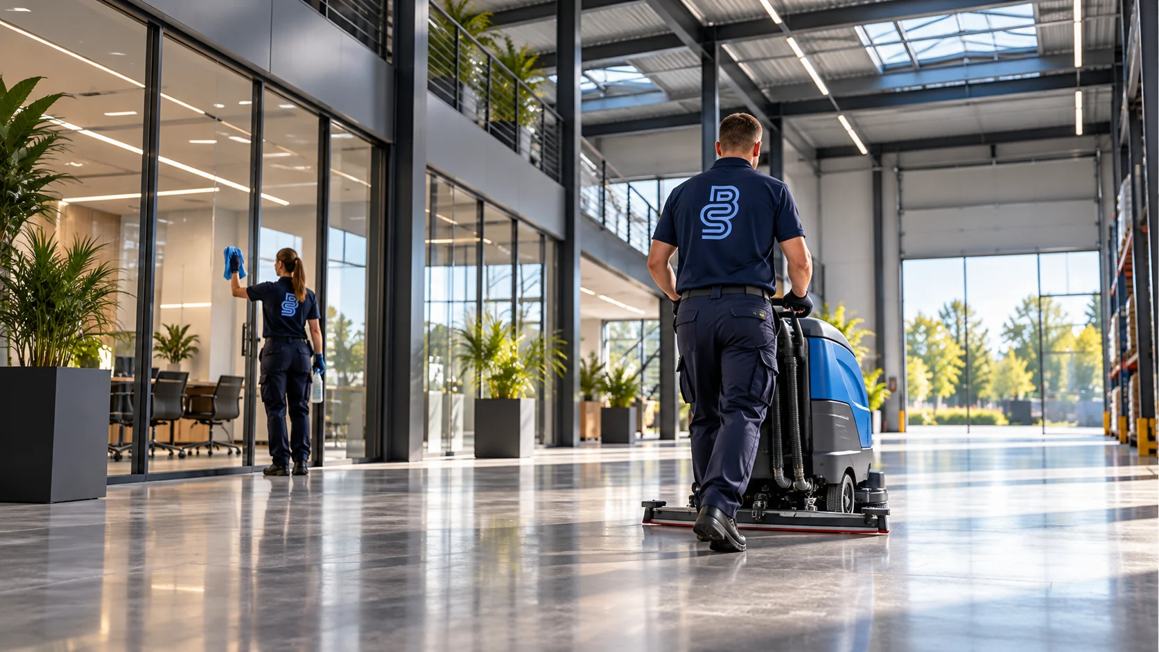 Vloerreiniging en glasreiniging in een bedrijfshal